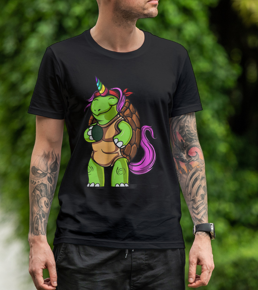 Magical Rainbow Horned Turtle Tortoise Unicorn With Pink Mane And Tail T-Shirt