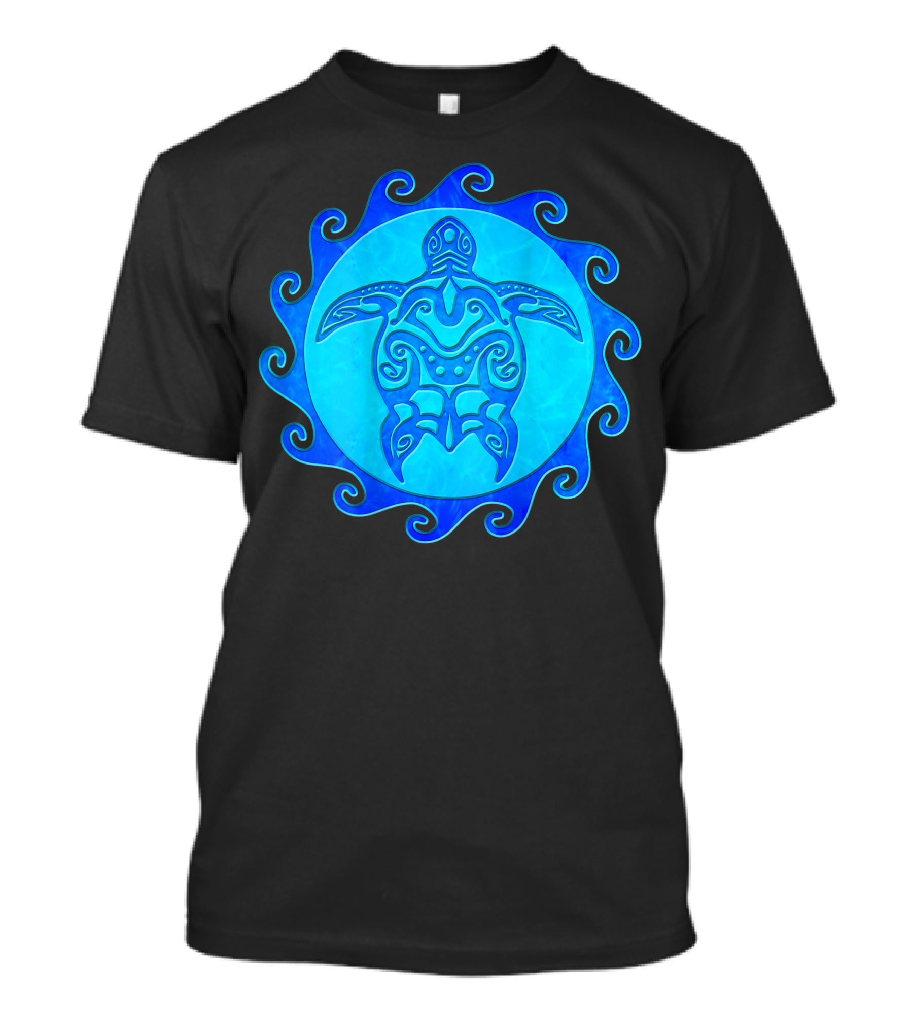 Maori Sun Tribal Polynesian Sea Turtle Symbol In Blue Ocean Waves T-Shirt