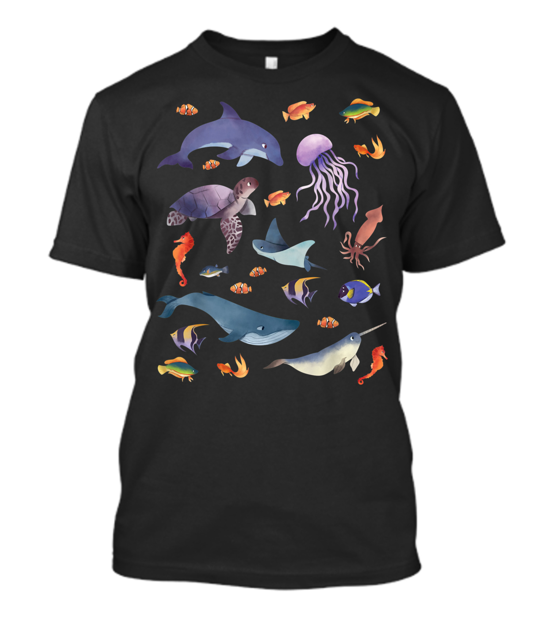 Marine Life Sea Turtle Dolphin Jellyfish Whale Fishes Seahorse Squid Narwhal T-Shirt