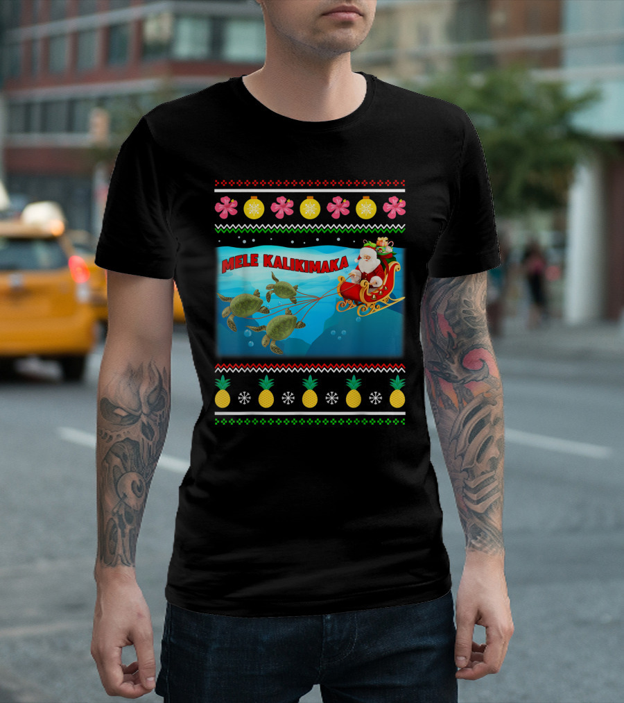 Mele Kalikimaka Santa Claus With Turtle Sleigh Hawaii Holiday Festive T-Shirt