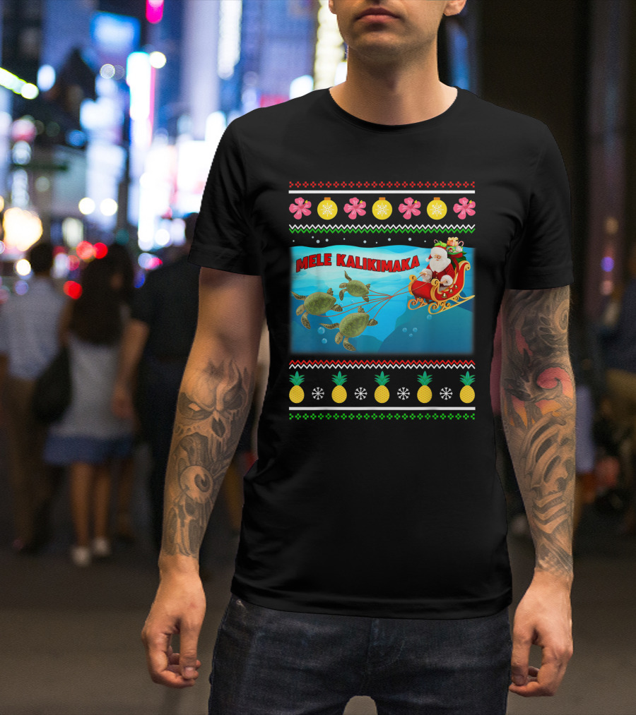 Mele Kalikimaka Santa Claus With Turtle Sleigh Hawaii Holiday Festive T-Shirt