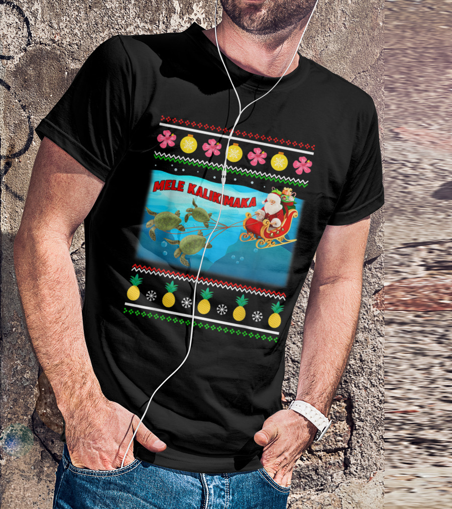 Mele Kalikimaka Santa Claus With Turtle Sleigh Hawaii Holiday Festive T-Shirt