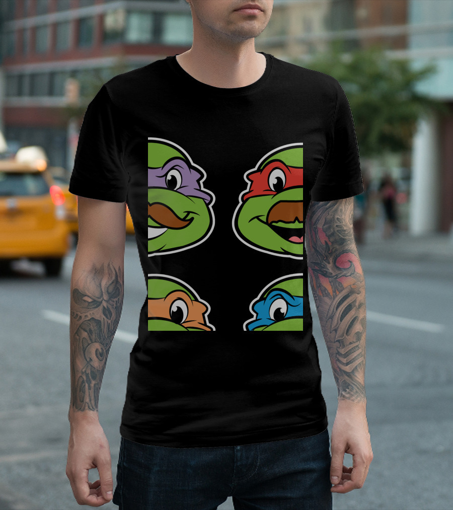 Nage Mutant Ninja Turtles Cool Stache Bro Faces Green Red Orange Blue Masks T-Shirt