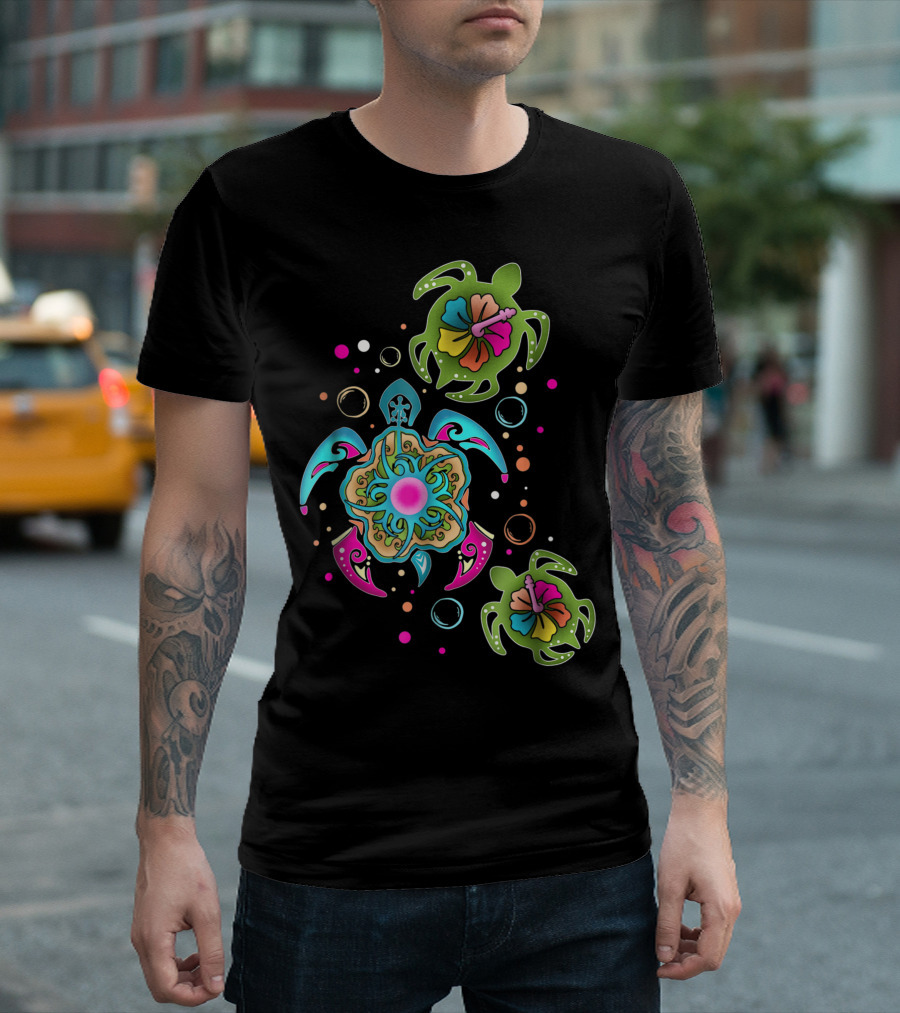 Ocean Wildlife Tropical Sea Turtles with Vibrant Floral Island Beach Elements T-Shirt