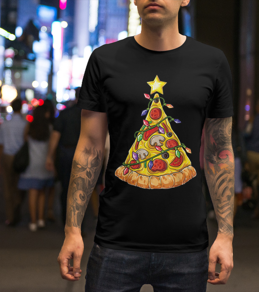 Pizza Christmas Tree Lights Xmas Crustmas Kh Holiday Slice Decor T-Shirt