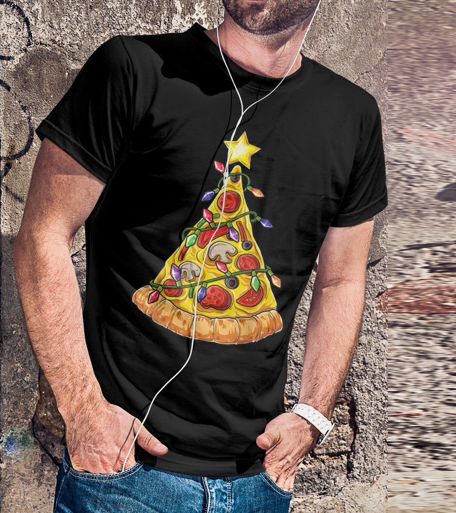 Pizza Christmas Tree Lights Xmas Crustmas Kh Holiday Slice Decor T-Shirt