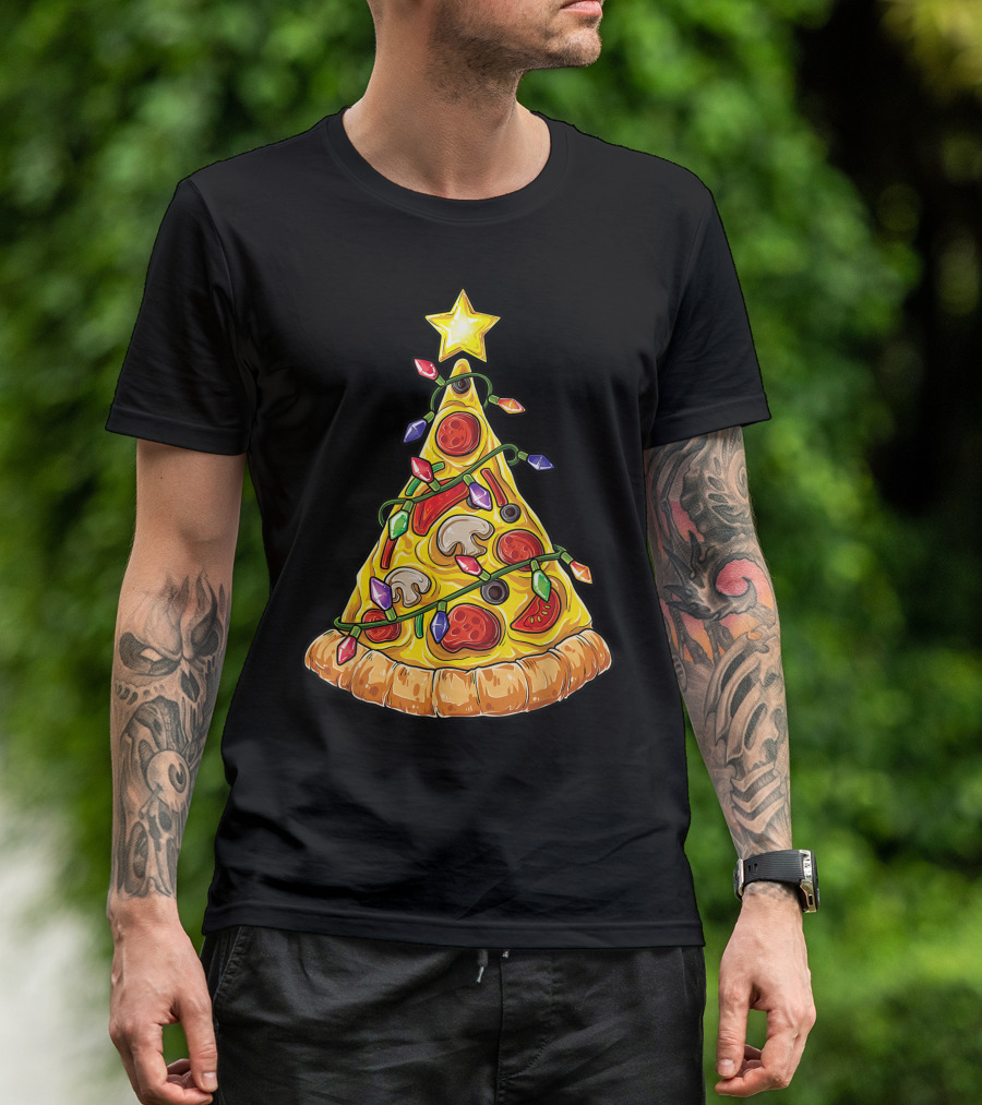 Pizza Christmas Tree Lights Xmas Crustmas Kh Holiday Slice Decor T-Shirt