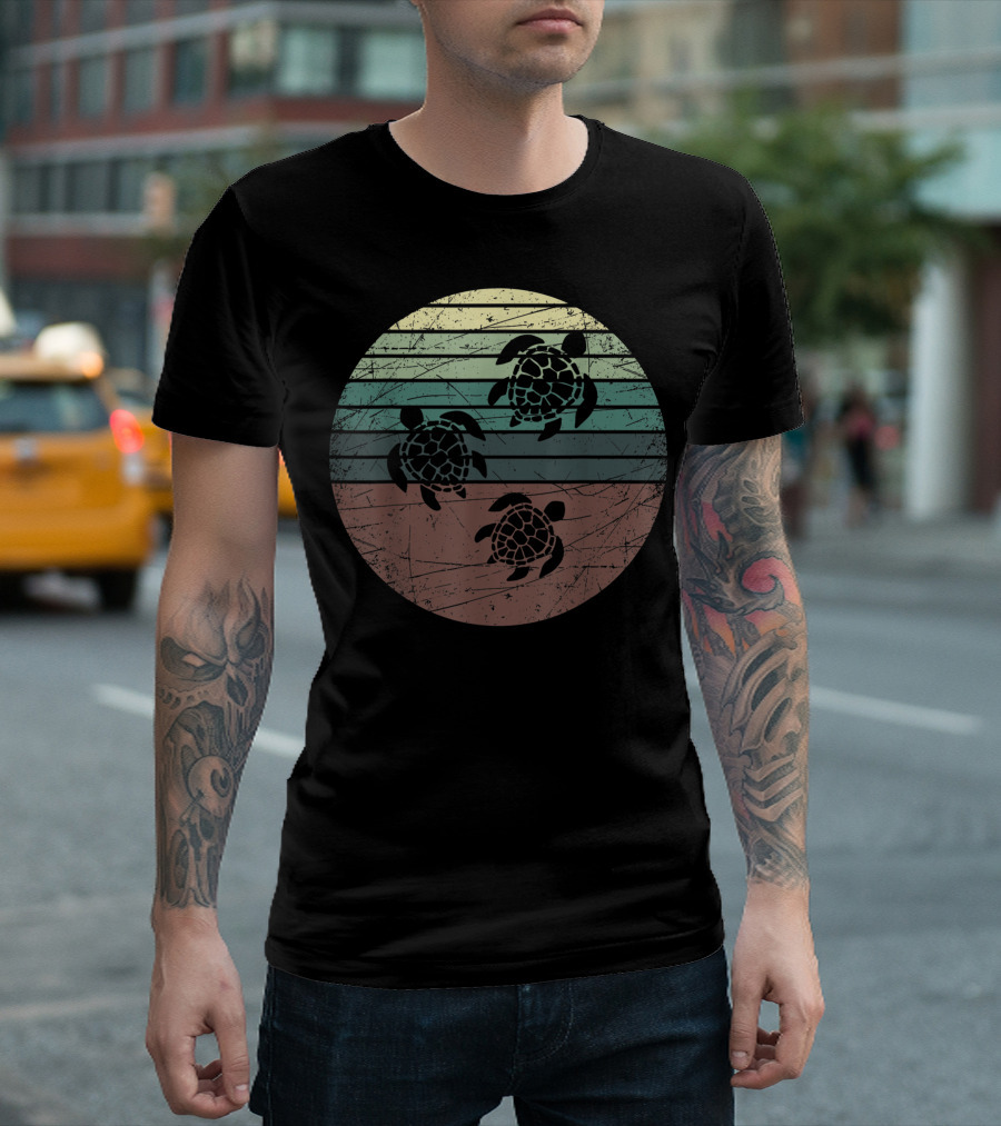 Retro Sea Turtle Vintage Sunset Ocean Stripes T-Shirt