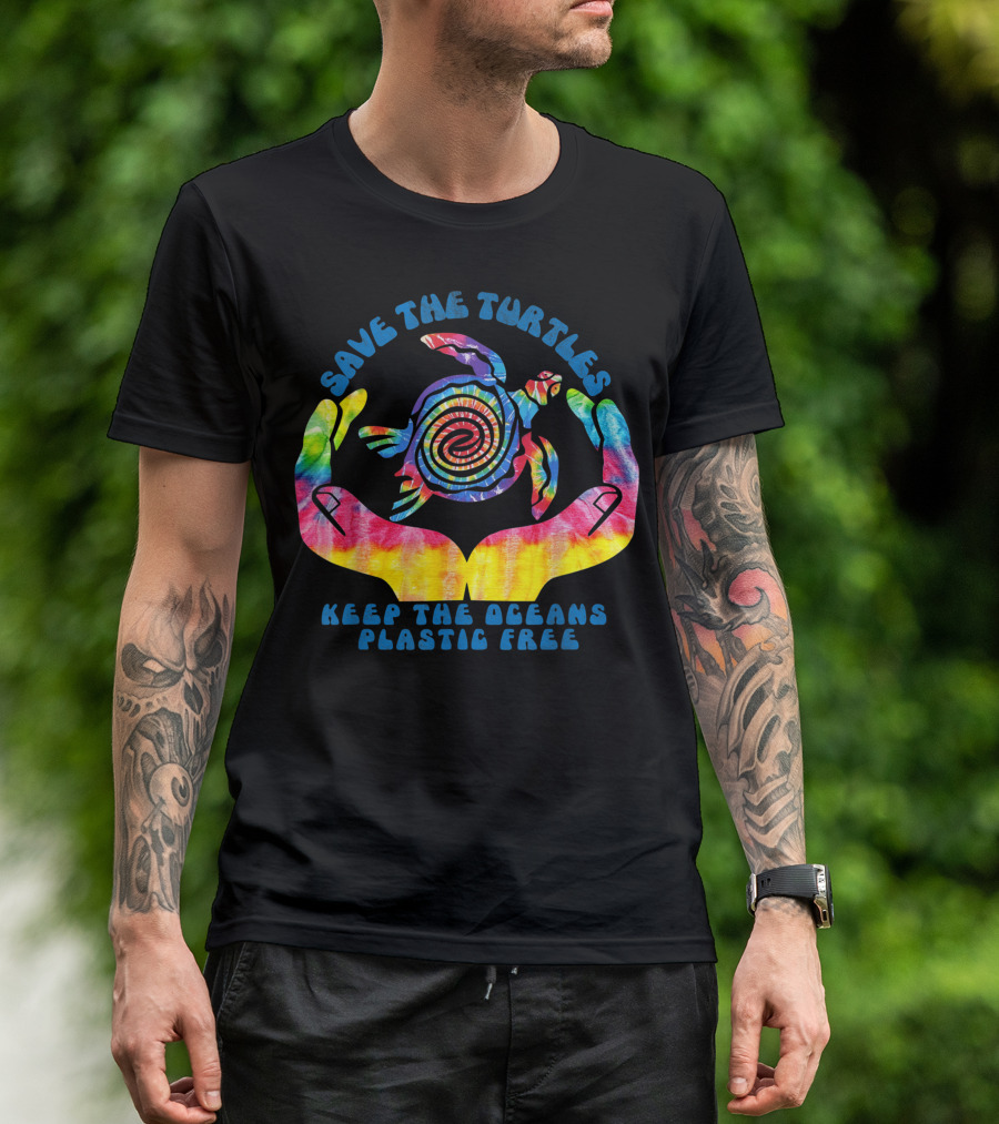 Save The Turtles Keep The Oceans Plastic Free Spiral Tie-Dye Turtle In Hands T-Shirt