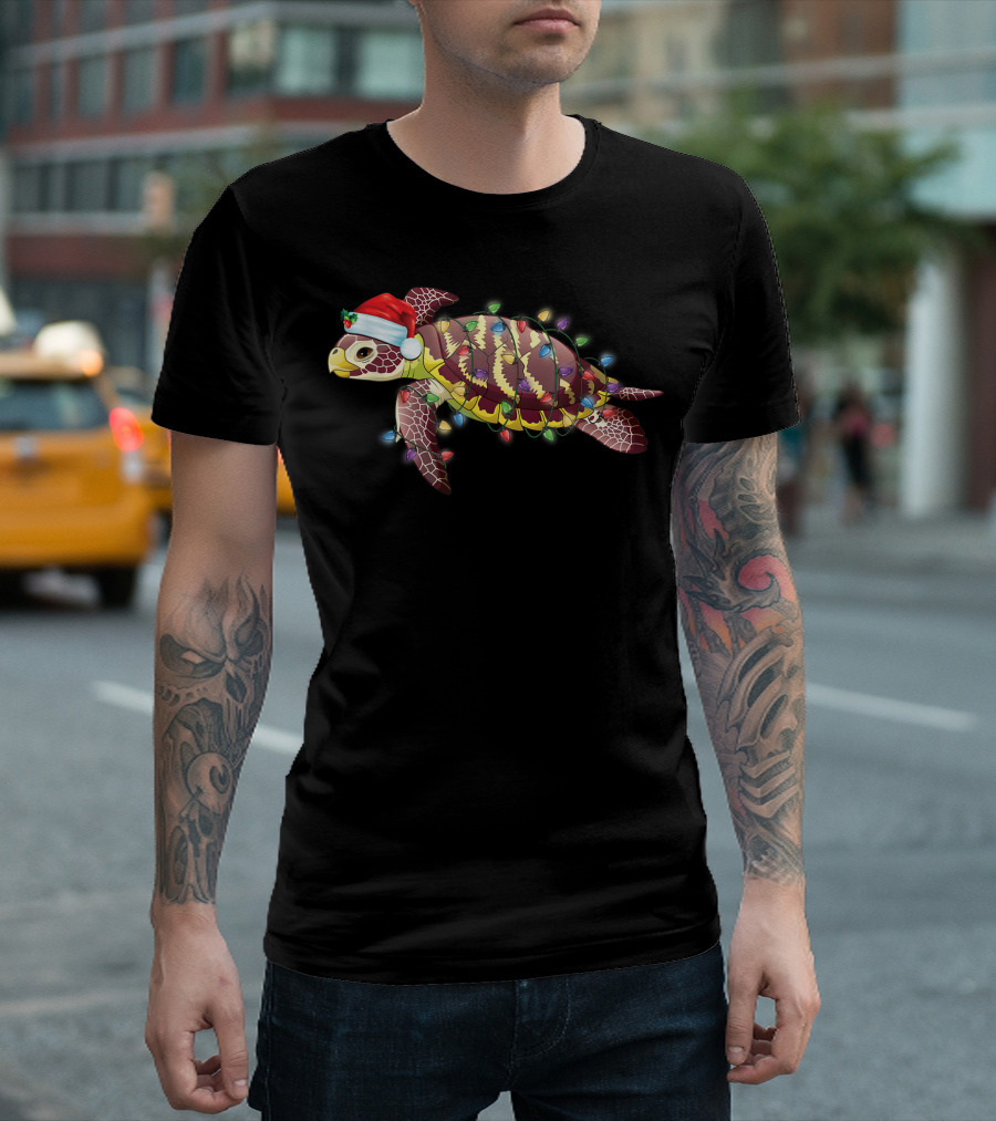 Sea Turtle In Santa Hat With Christmas Lights Decoration T-Shirt