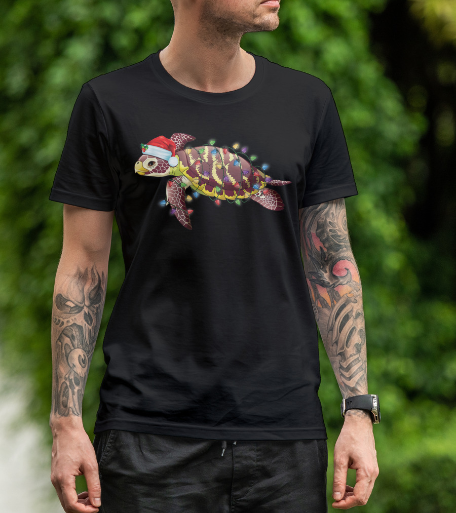 Sea Turtle In Santa Hat With Christmas Lights Decoration T-Shirt