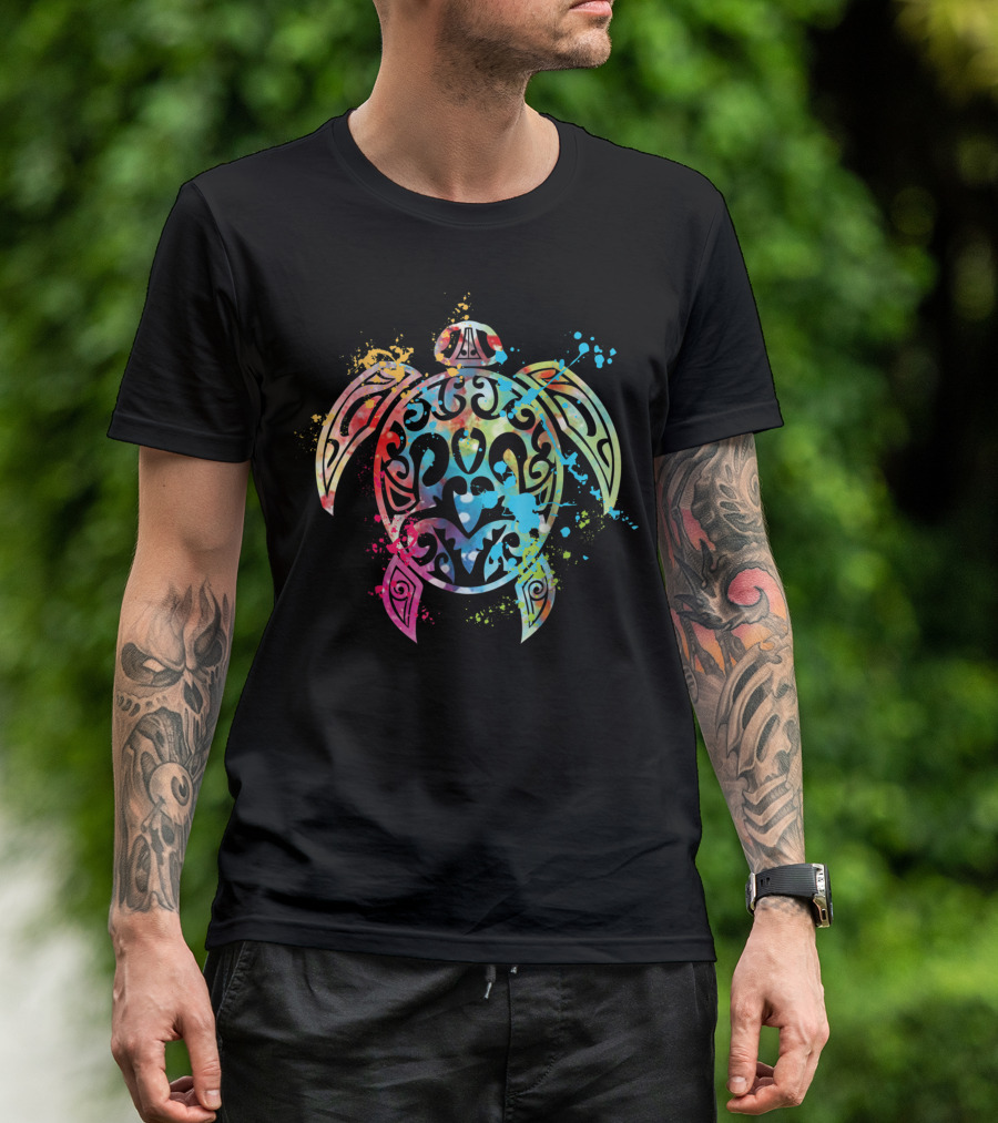 Sea Turtle Vibrant Watercolor Tribal Splashes T-Shirt