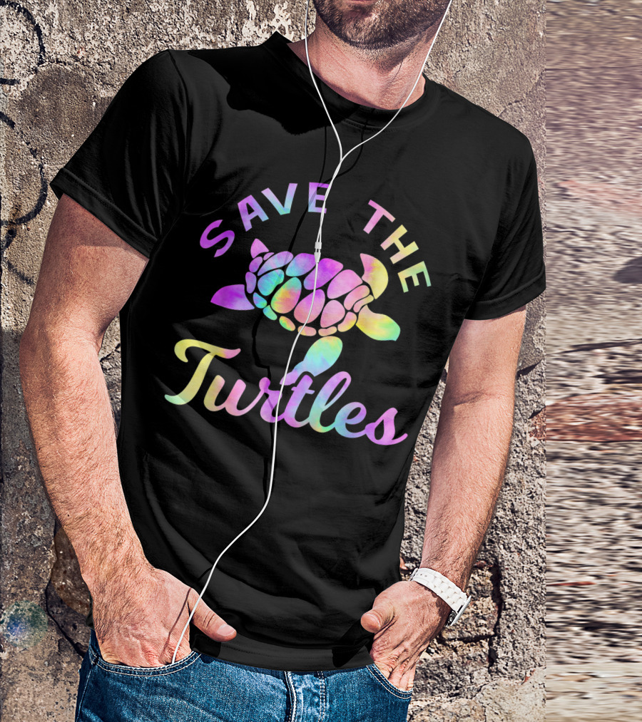 Save The Turtles Pastel Rainbow Tie Dye Turtle Conservation Message T-Shirt