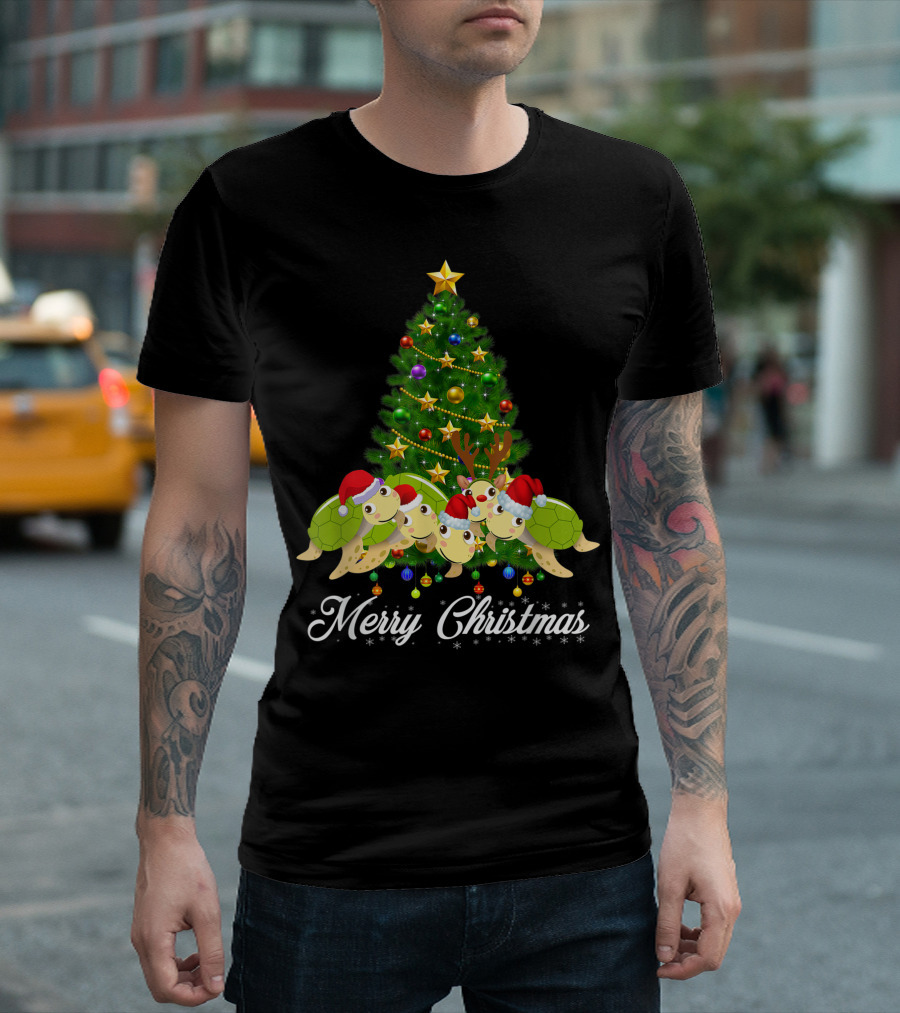 Sea Turtle Santa Hat Merry Christmas Tree Sea Turtles Lover Xmas T-Shirt