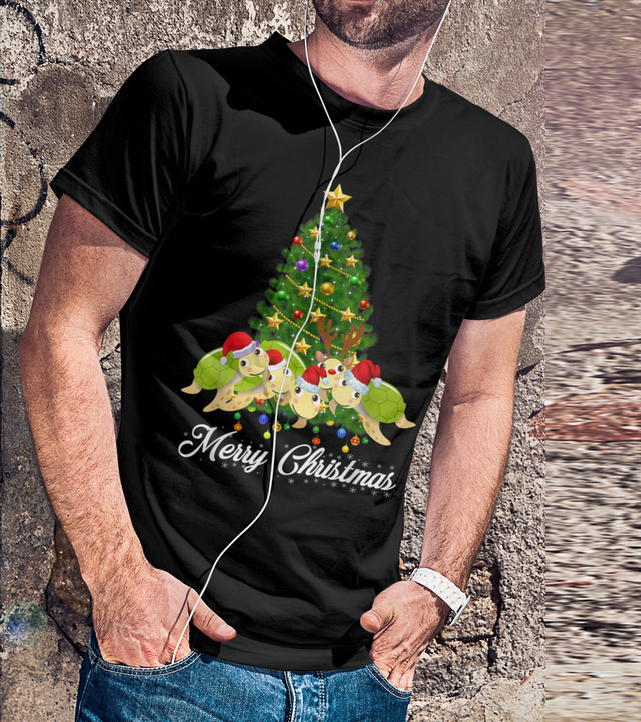 Sea Turtle Santa Hat Merry Christmas Tree Sea Turtles Lover Xmas T-Shirt