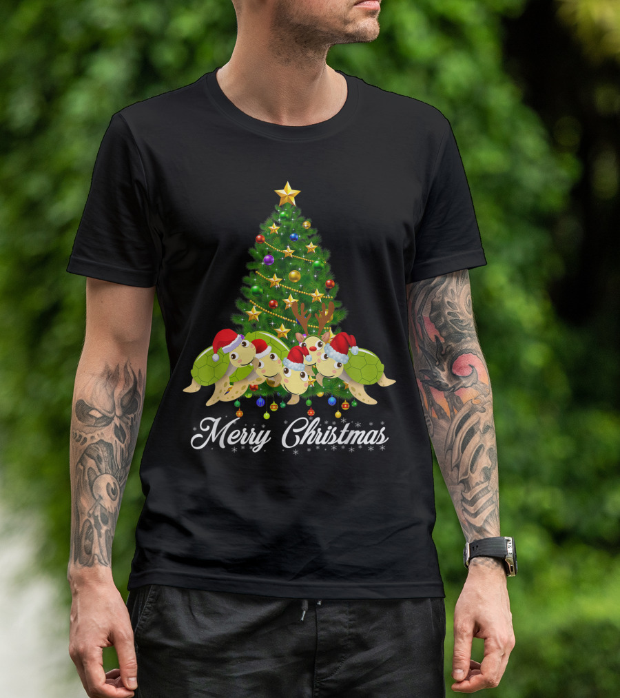 Sea Turtle Santa Hat Merry Christmas Tree Sea Turtles Lover Xmas T-Shirt