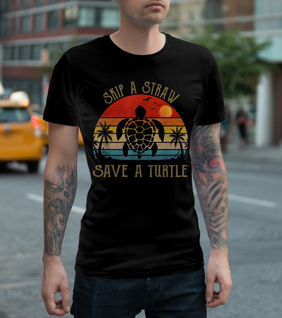 Skip A Straw Save A Turtle Sunset Tropical T-Shirt