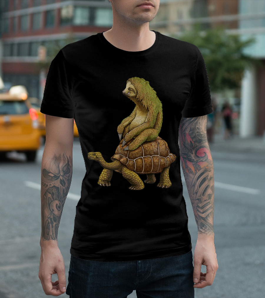 Sloth Riding Tortoise Sloth Riding Turtle Lv Brown Shell Green Fur T-Shirt