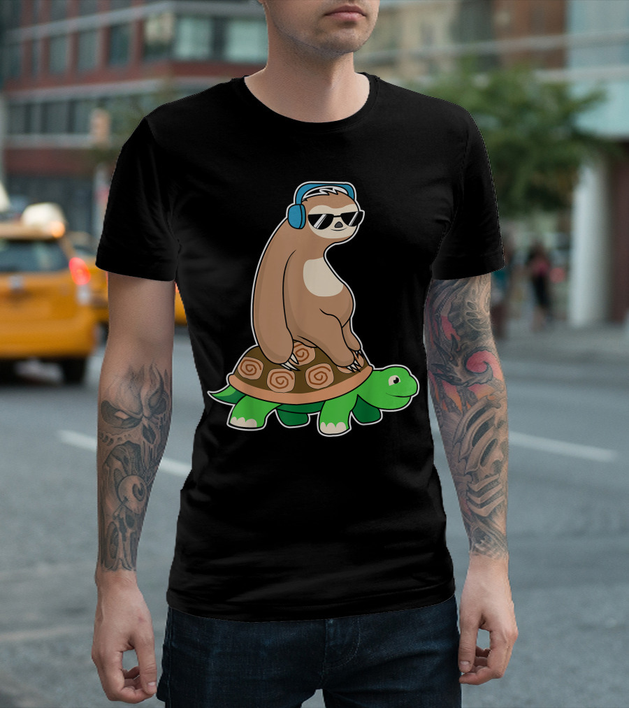 Sloth Riding Turtle Lazy Sloth Os Headphones Sunglasses T-Shirt