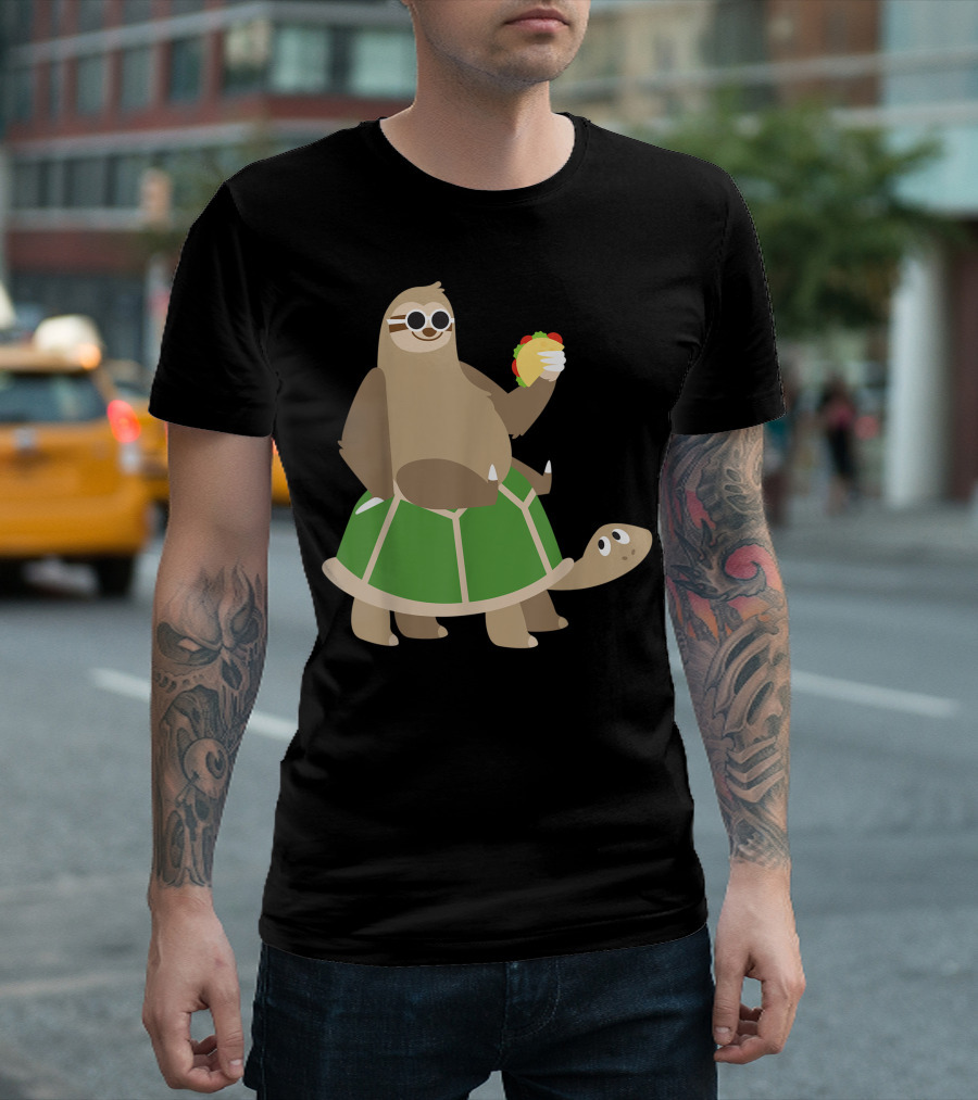 Sloth Riding Turtle Holding Taco Mexican Food Animal Lover T-Shirt