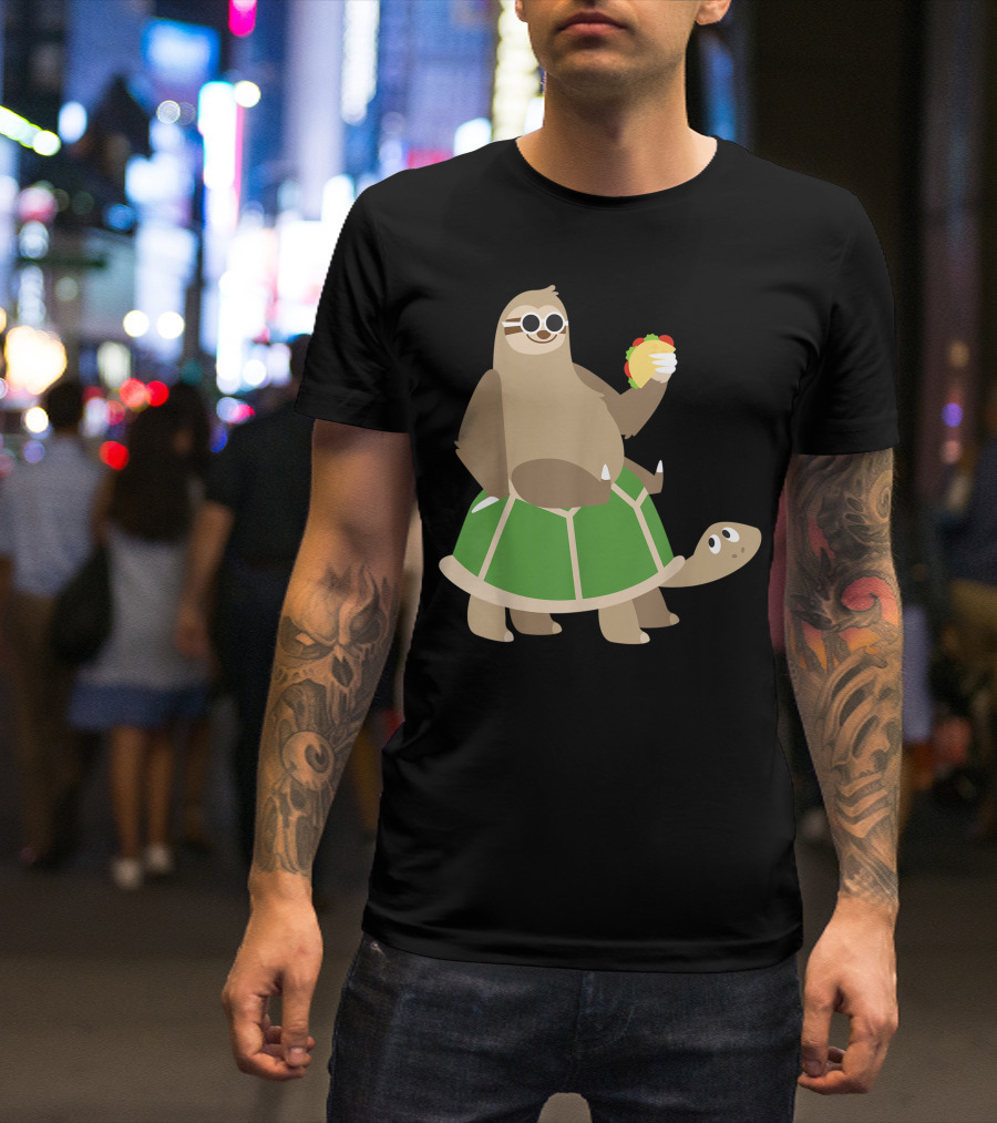 Sloth Riding Turtle Holding Taco Mexican Food Animal Lover T-Shirt