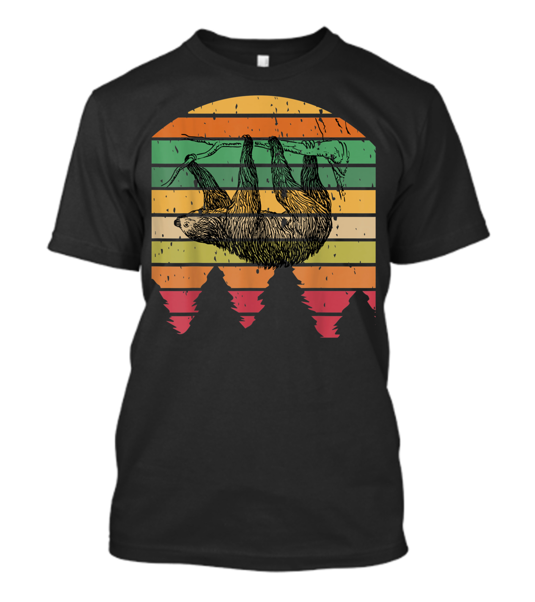 Sloth Hanging Vintage Rainbow Stripes With Pine Trees T-Shirt