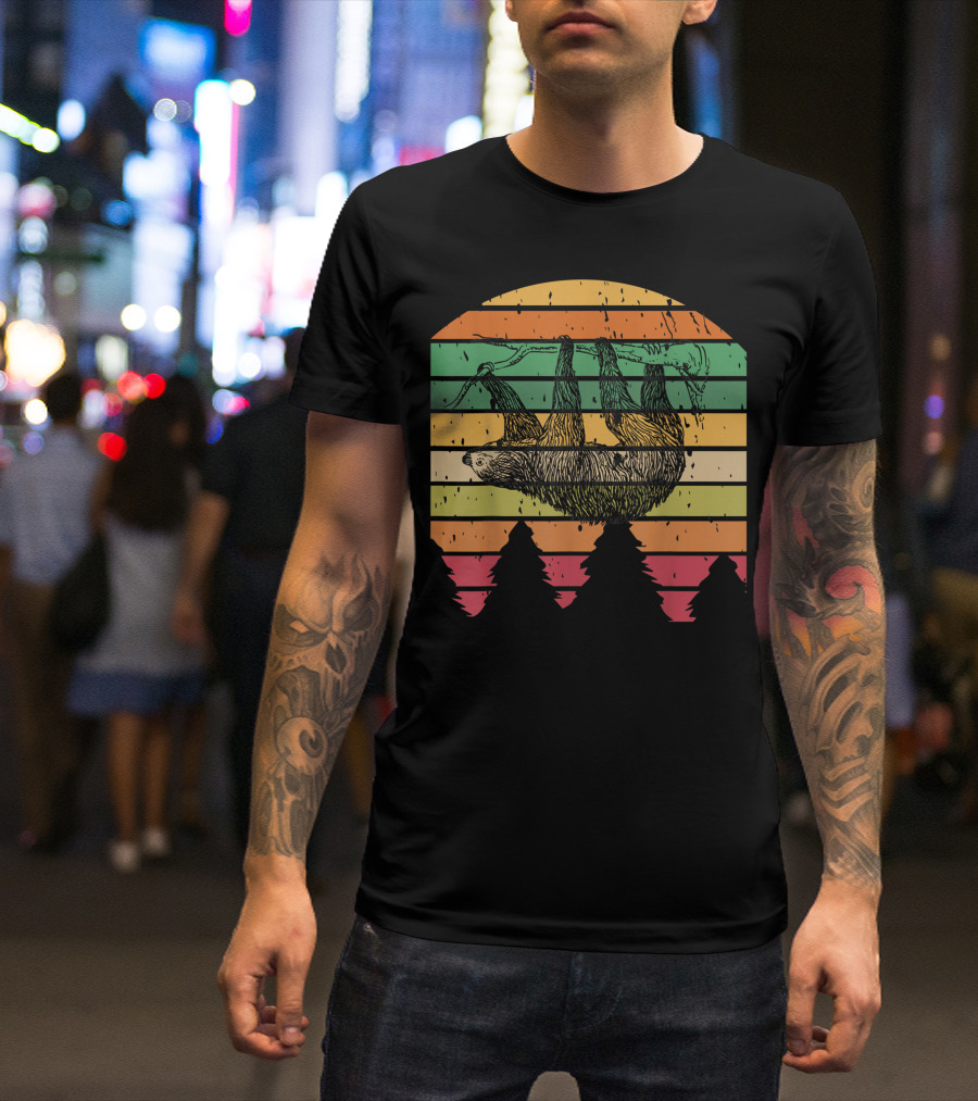 Sloth Hanging Vintage Rainbow Stripes With Pine Trees T-Shirt