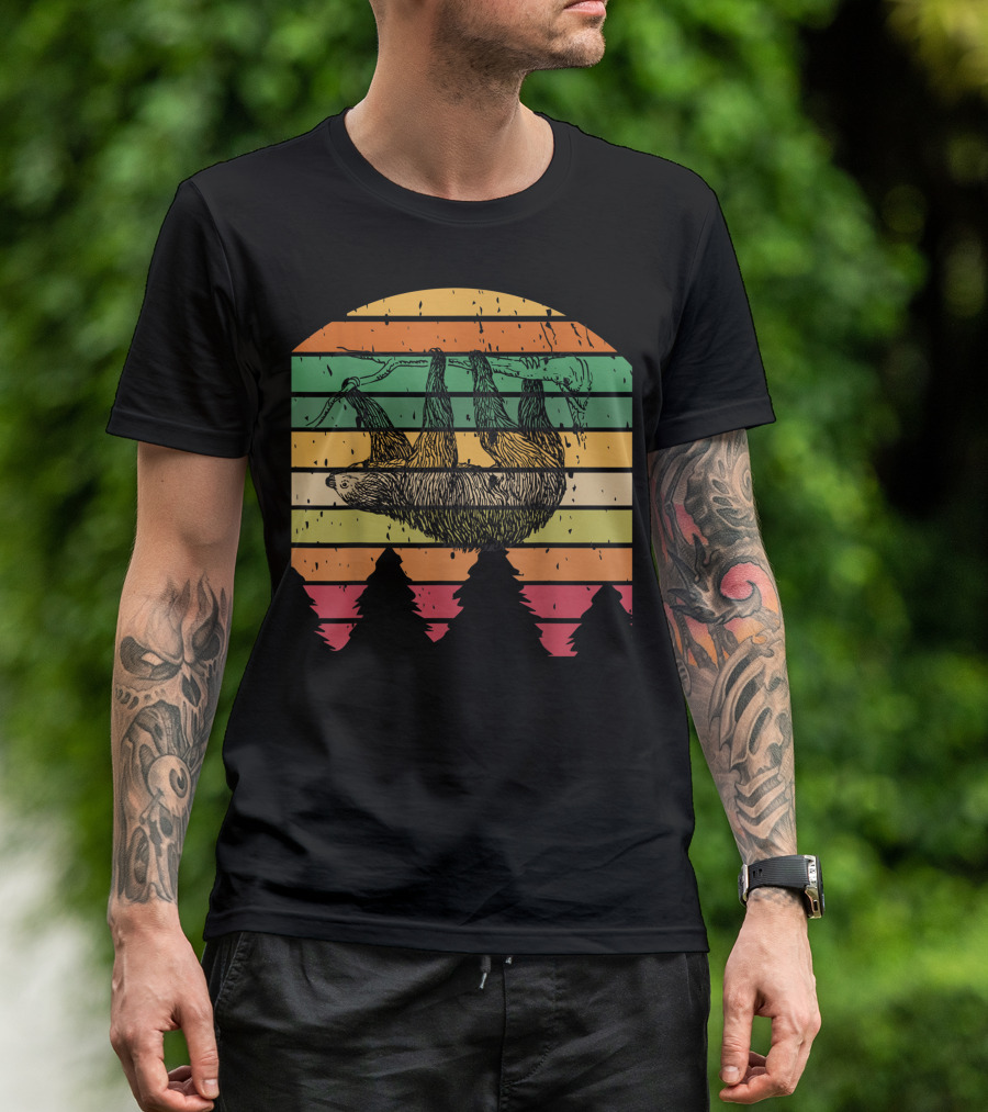 Sloth Hanging Vintage Rainbow Stripes With Pine Trees T-Shirt