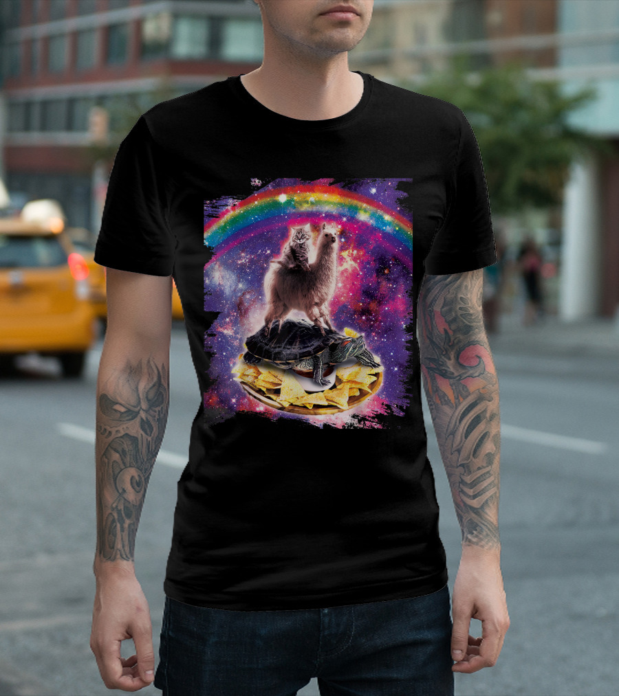 Space Cat and Llama on Turtle Over Nachos with Galactic Rainbow T-Shirt