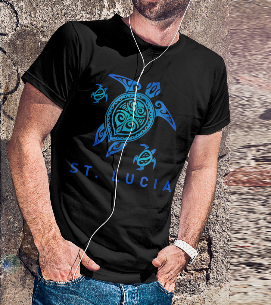 St Lucia Sea Blue Tribal Turtle T-Shirt