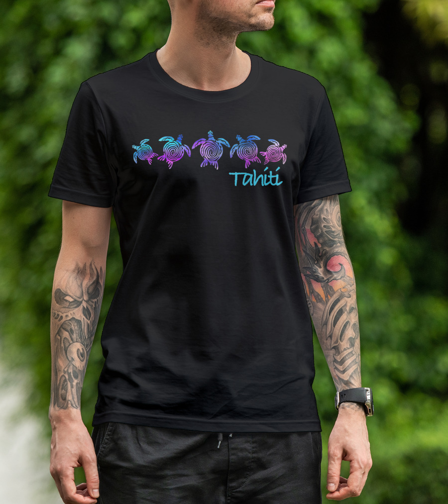 Tahiti Tribal Turtle Spiral Design With Colorful Turtle Motif T-Shirt