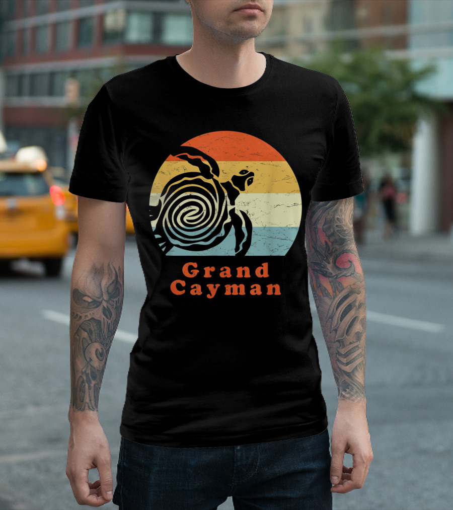 Vintage Grand Cayman Tribal Turtle Retro Sun Stripes T-Shirt