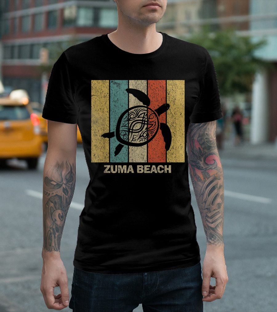 Zuma Beach Tribal Sea Turtle California 80s Vintage Retro Stripes T-Shirt