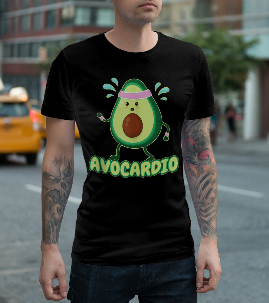 Avocardio Avo Cardio Exercising Fitness Gym Running Avocado with Headband and Sweat Drops T-Shirt