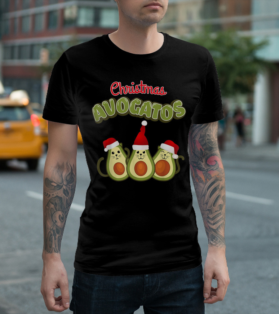 Christmas Avogatos Vegan Avocado Cat Trio with Santa Hats T-Shirt