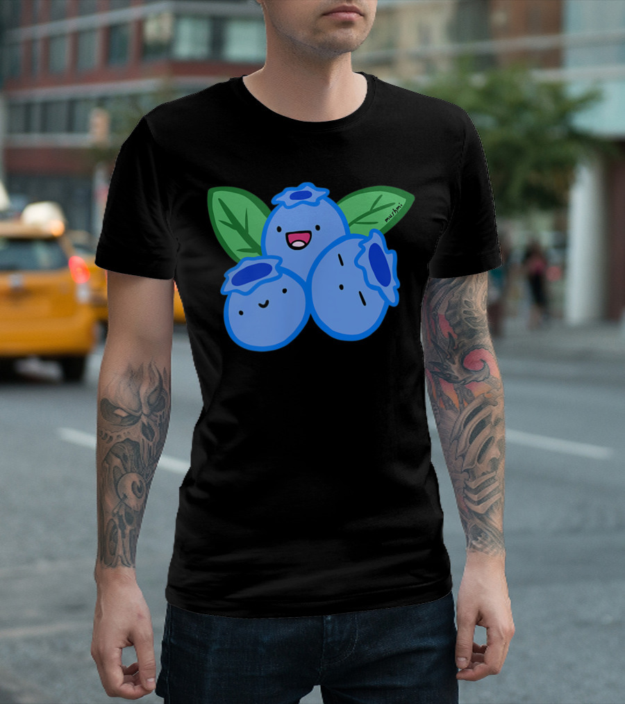Blueberry Cute Kawaii Anime Vegan Frui Happy Smiling Blueberries with Leaf by Mushmi T-Shirt