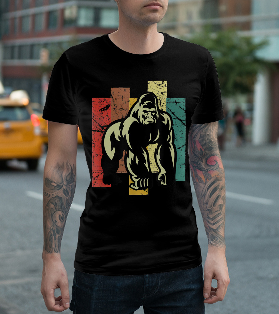 Gorilla 70s Vintage Animal Lover Retro Stripes T-Shirt