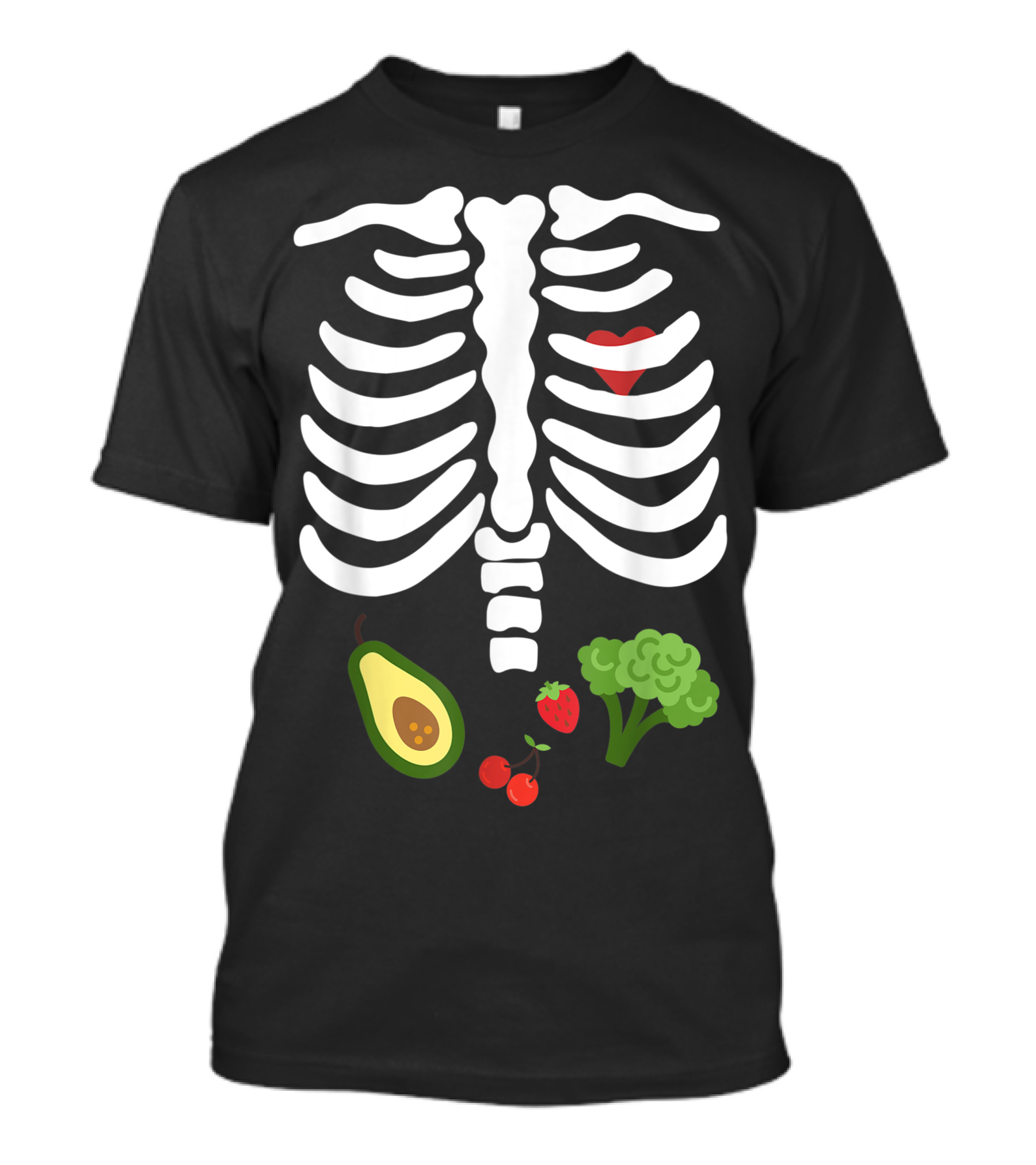 Halloween Skeleton Rib Cage With Heart And Vegan Avocado Broccoli Strawberry Cherries T-Shirt