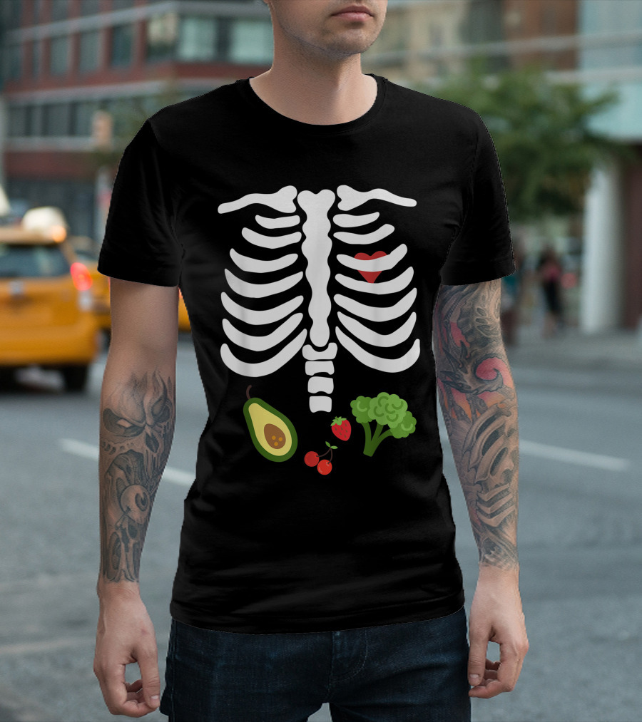 Halloween Skeleton Rib Cage With Heart And Vegan Avocado Broccoli Strawberry Cherries T-Shirt