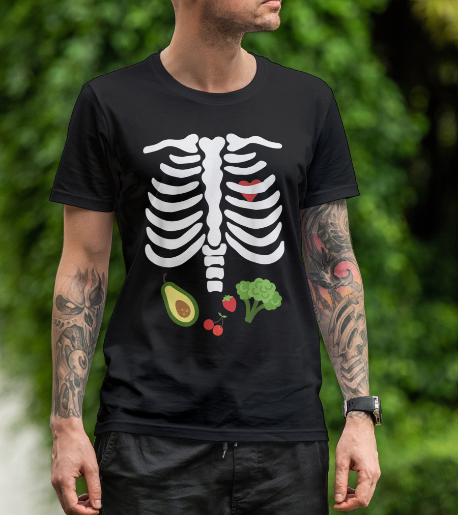 Halloween Skeleton Rib Cage With Heart And Vegan Avocado Broccoli Strawberry Cherries T-Shirt