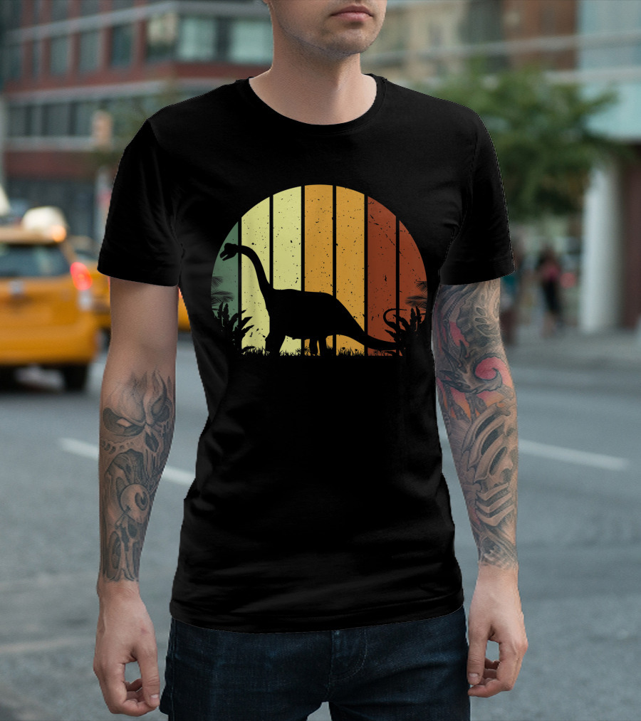 Retro Brontosaurus Dinosaur Silhouette Vegetarian Sunset Stripes T-Shirt