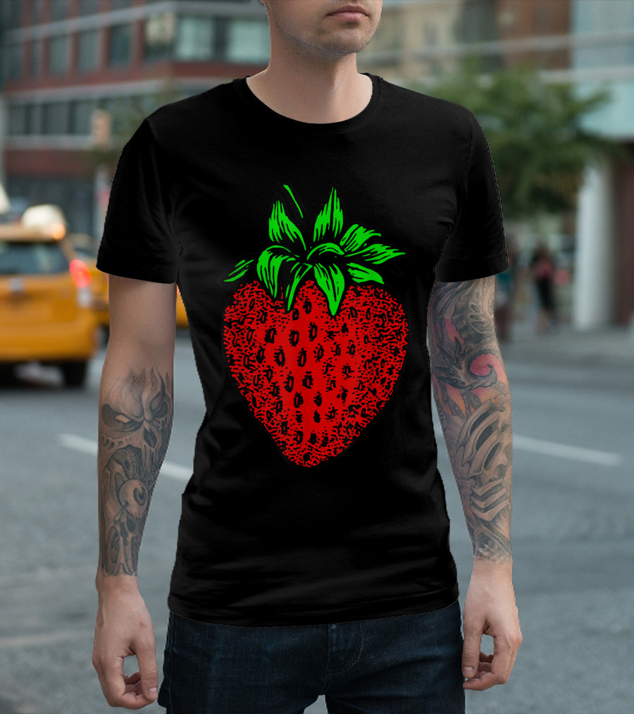 Strawberry Illustration with Green Leaves T-Shirt