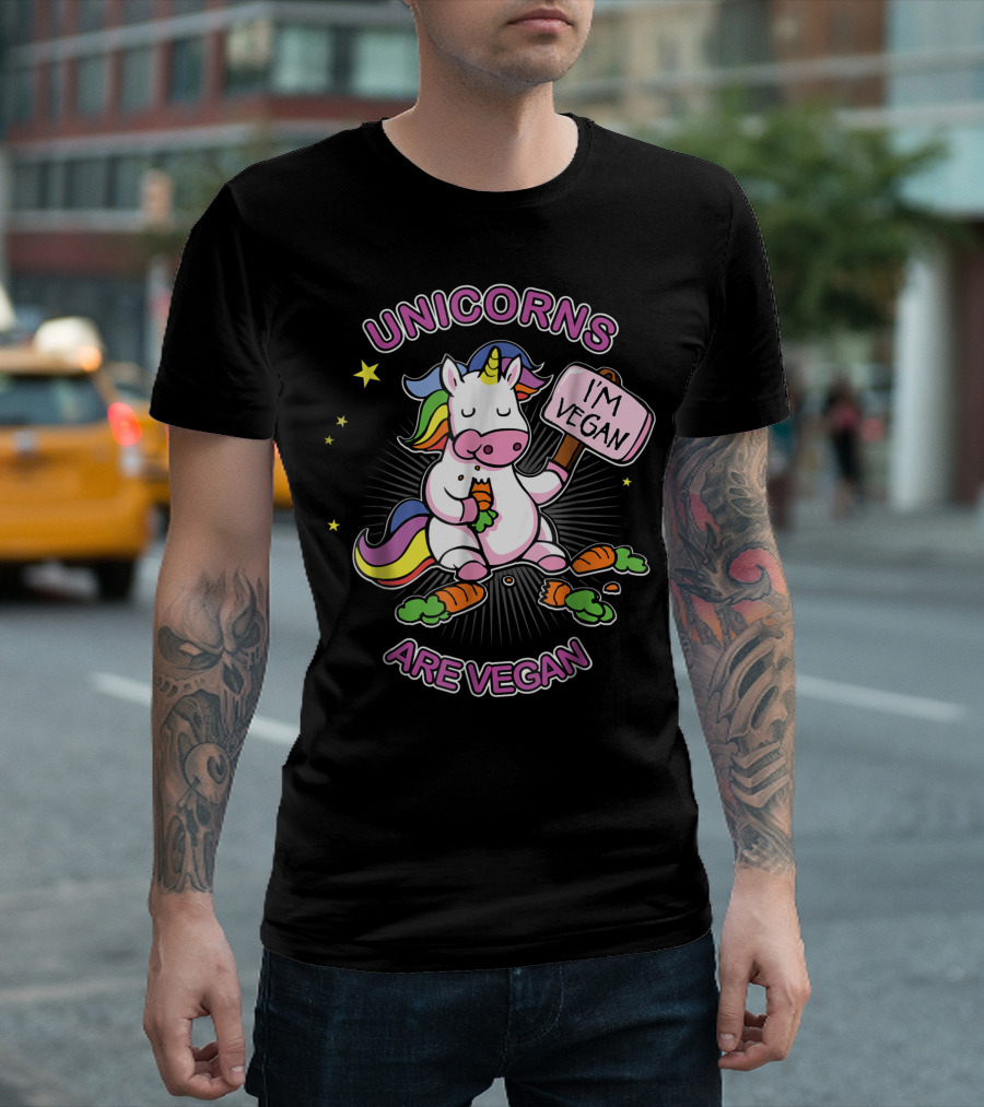 UNICORNS ARE VEGAN I'M VEGAN CARROT EATING RAINBOW UNICORN STARS T-Shirt