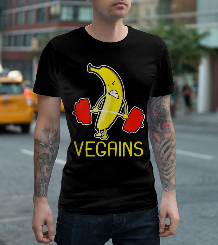 Vegains Banana Vegan Athlete Lifting Weights T-Shirt