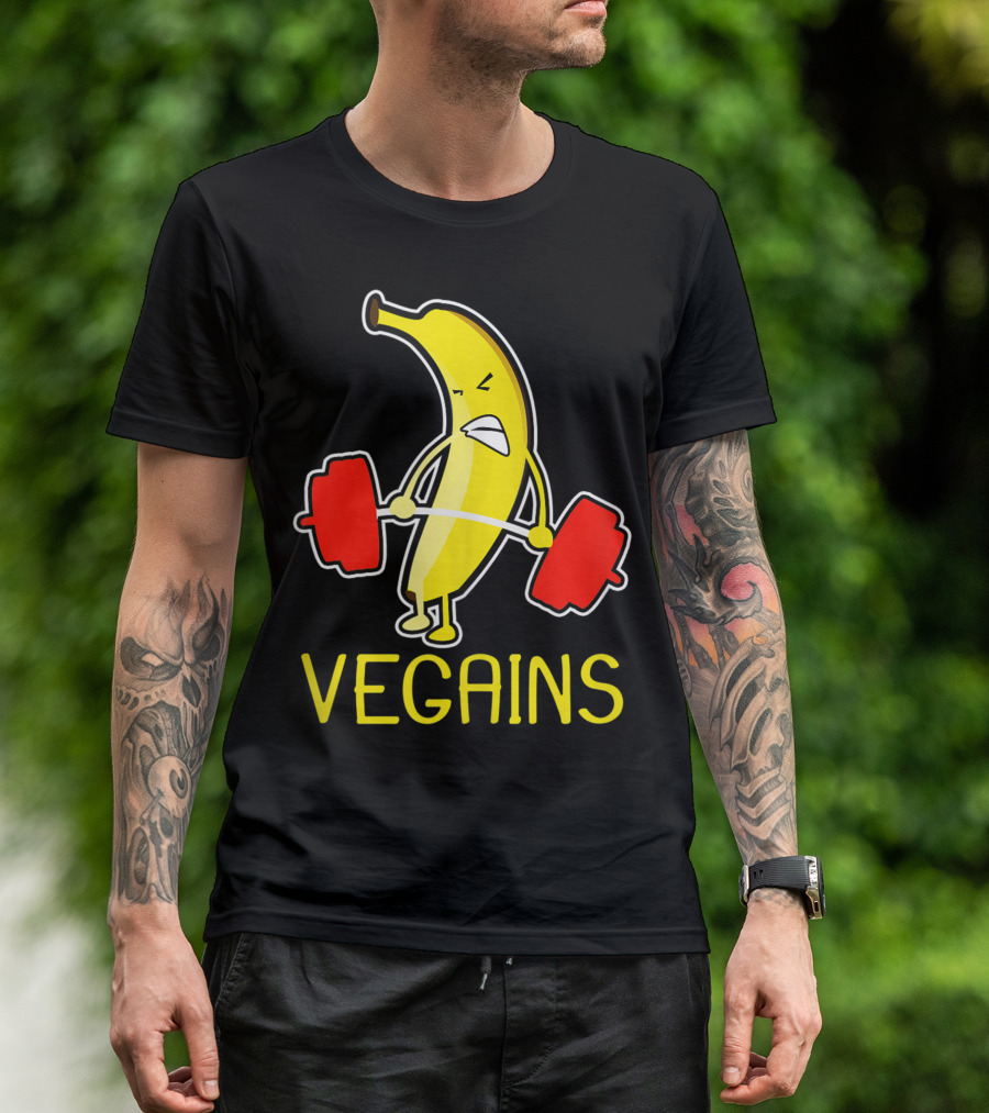 Vegains Banana Vegan Athlete Lifting Weights T-Shirt