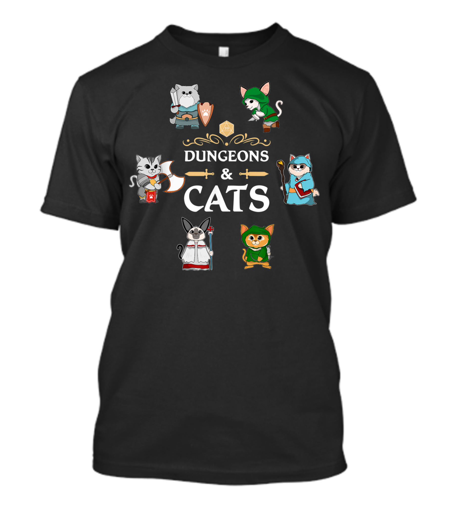Dungeons And Cats RPG D20 Fantasy Roleplaying Gamers Cats In Armor And Wizard Robes T-Shirt