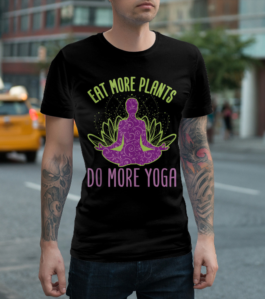 Eat More Plants Do More Yoga Silhouette With Botanical Motif And Meditation Pose T-Shirt