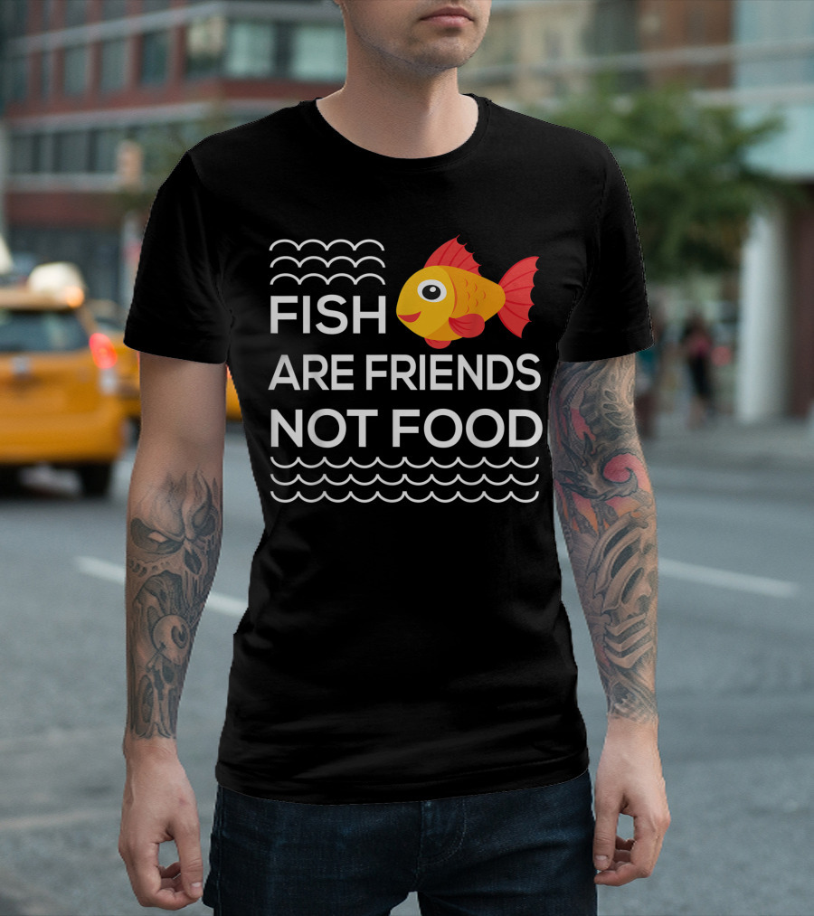 Fish Are Friends Not Food Vegetarian Cute Vegan Red and Yellow Cartoon Fish T-Shirt