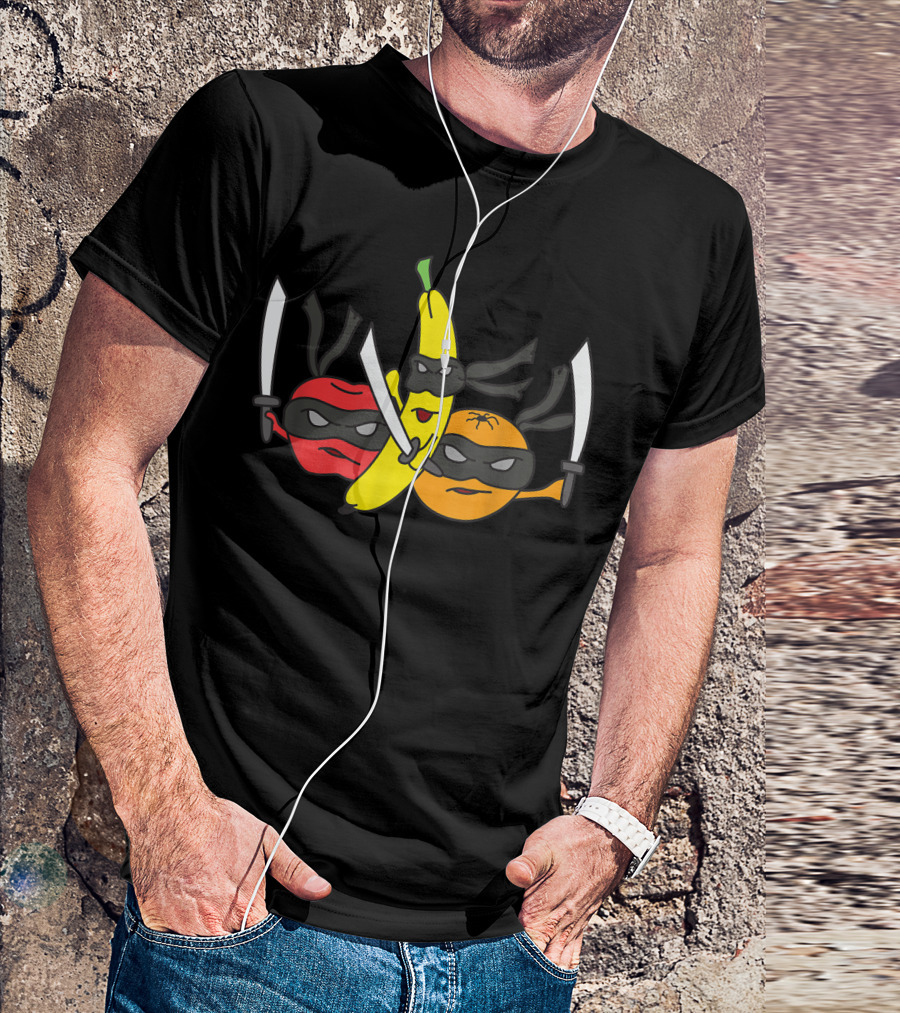 Fruits Fight Back Ninja Swords Cartoon Apple Banana Orange T-Shirt