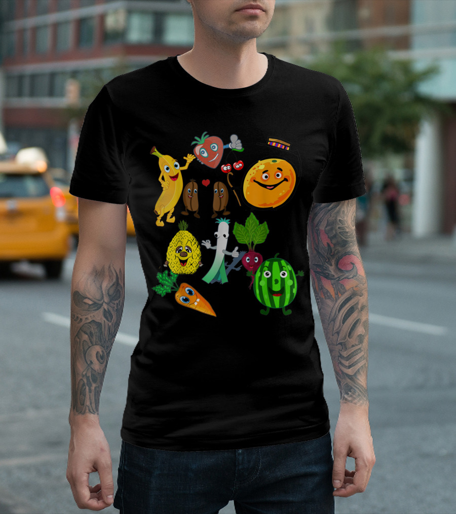 Fruits Vegetable Print Vegan Veggie Characters Banana Orange Pineapple Watermelon Carrot Beet Leek T-Shirt